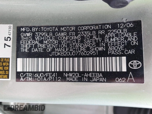2007 Toyota Prius z VIN JTDKB20U077602951, wystawiony jako IAAI lot #42384098 z przebiegiem 169 136 mil mil oraz . Historia ofert i sprzedaży dostępna na DreamBid. Obrazek 9.