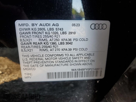 2023 Audi SQ5 Premium Plus with VIN WA1B4BFY0P2149913, listed as a Copart auction lot 67395464 with 10,207 mi miles and Salvage Title. Bid and sale history available at DreamBid. Image 13.
