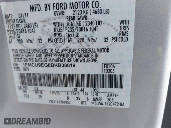 2011 Ford Escape Limited with VIN 1FMCU9EG8BKB38819, listed as a IAAI auction lot 41767666 with 127,490 mi miles. Bid and sale history available at carsss.com. Image 9.