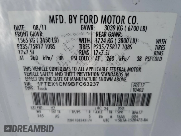 2011 Ford F-150 XL with VIN 1FTEX1CM9BFC63237, listed as a Copart auction lot 41920575 with 215,669 mi miles and Salvage Title. Bid and sale history available at carsss.com. Image 12.
