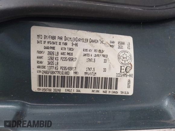 2007 Chrysler Pacifica Touring with VIN 2A8GF68X77R161083, listed as a IAAI auction lot 41928273 with 245,011 mi miles and . Bid and sale history available at DreamBid. Image 9.