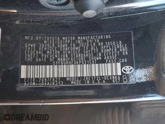 2019 Toyota Corolla L z VIN 5YFBURHEXKP931597, wystawiony jako Copart lot #57115745 z przebiegiem 154 146 mil mil oraz Szkoda całkowita • Salvage title. Historia ofert i sprzedaży dostępna na DreamBid. Obrazek 12.