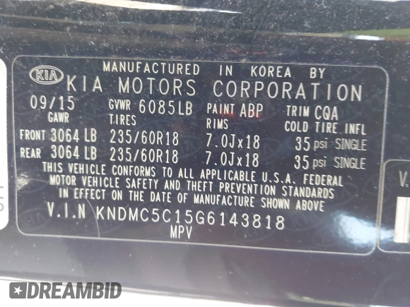 2016 Kia Sedona SX with VIN KNDMC5C15G6143818, listed as a IAAI auction lot 42051284 with 97,666 mi miles and . Bid and sale history available at carsss.com. Image 9.