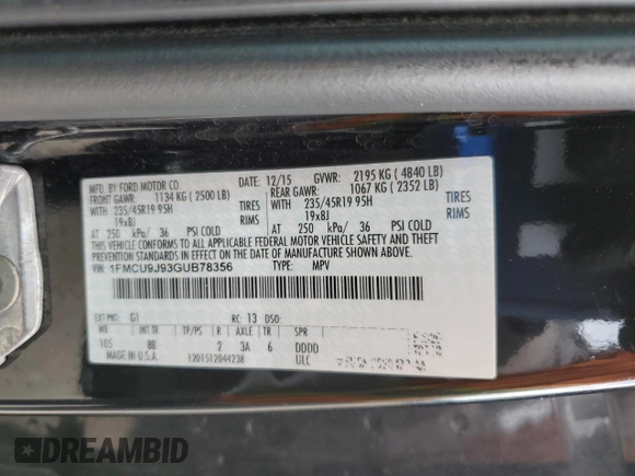 2016 Ford Escape Titanium с VIN 1FMCU9J93GUB78356, выставлен на аукционе Copart как лот 64264715 с пробегом 95 775 миль миль и Списание • Salvage title. История ставок и продаж доступна на DreamBid. Изображение 14.