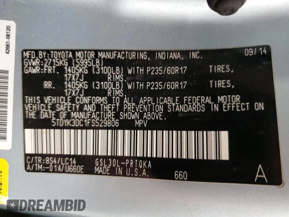2015 Toyota Sienna XLE with VIN 5TDYK3DC1FS529806, listed as a Copart auction lot 52364225 with 180,172 mi miles and Non Repairable. Bid and sale history available at DreamBid. Image 14.
