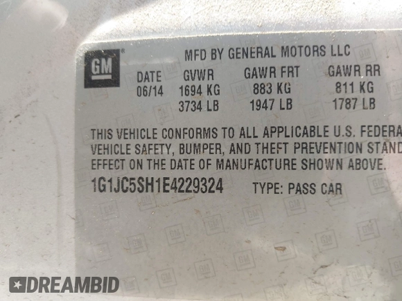 2014 Chevrolet Sonic LT with VIN 1G1JC5SH1E4229324, listed as a IAAI auction lot 39945012 with Not Provided miles and . Bid and sale history available at DreamBid. Image 9.