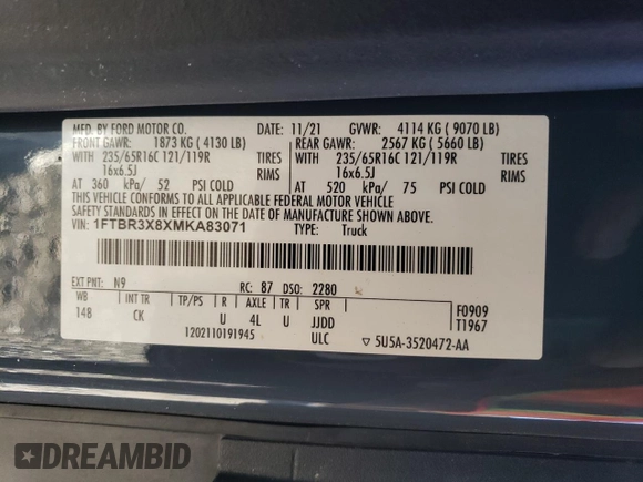 2021 Ford Transit Cargo with VIN 1FTBR3X8XMKA83071, listed as a Copart auction lot 80474914 with 38,027 mi miles and Salvage title. Bid and sale history available at DreamBid. Image 14.