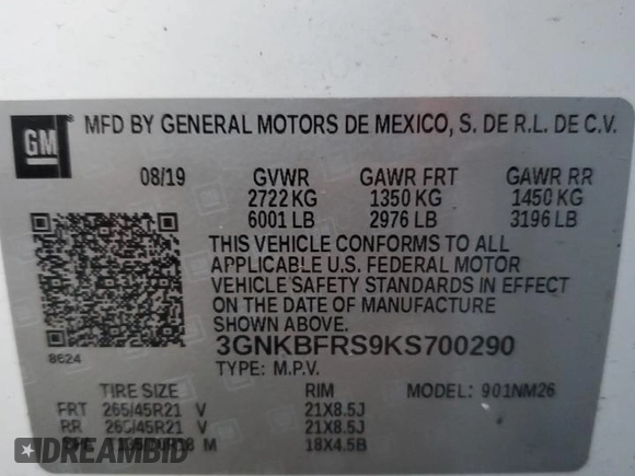 2019 Chevrolet Blazer Premier with VIN 3GNKBFRS9KS700290, listed as a Copart auction lot 87919295 with 58,191 mi miles and Salvage title. Bid and sale history available at DreamBid. Image 15.