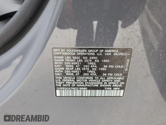 2022 Volkswagen Atlas SEL Premium R-Line с VIN 1V2FE2CA7NC218680, выставлен на аукционе Copart как лот 43991505 с пробегом 54 471 миль миль и Чистый • Clean title. История ставок и продаж доступна на DreamBid. Изображение 15.