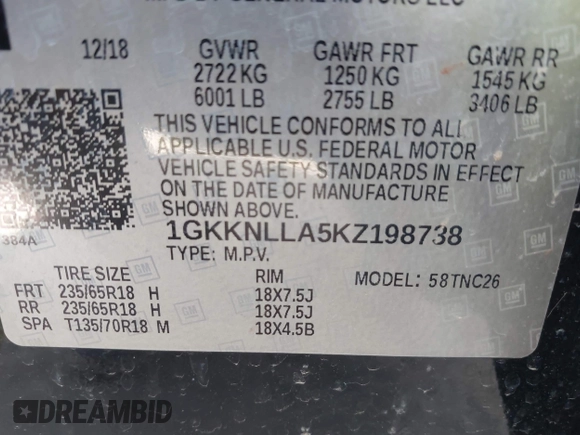 2019 GMC Acadia SLE z VIN 1GKKNLLA5KZ198738, wystawiony jako IAAI lot #42034520 z przebiegiem 73 180 mil mil oraz . Historia ofert i sprzedaży dostępna na DreamBid. Obrazek 9.