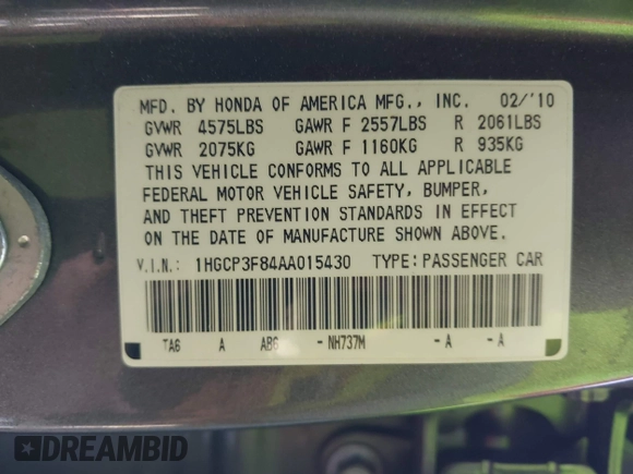 2010 Honda Accord EX-L with VIN 1HGCP3F84AA015430, listed as a IAAI auction lot 41951097 with 242,895 mi miles and . Bid and sale history available at DreamBid. Image 9.