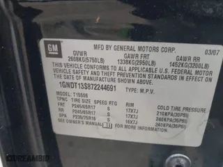 2007 Chevrolet TrailBlazer LT with VIN 1GNDT13S872244691, listed as a IAAI auction lot 41734984 with 214,949 mi miles. Bid and sale history available at carsss.com. Image 9.