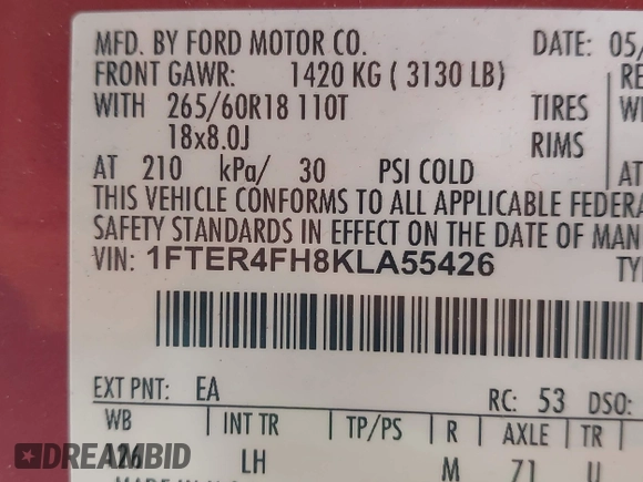 2019 Ford Ranger XL с VIN 1FTER4FH8KLA55426, выставлен на аукционе IAAI как лот 42192506 с пробегом 19 967 миль миль и . История ставок и продаж доступна на DreamBid. Изображение 9.