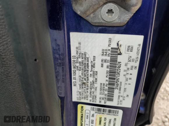 2013 Ford Fusion SE with VIN 3FA6P0H71DR224624, listed as a Copart auction lot 61288555 with 203,254 mi miles and Clean title. Bid and sale history available at DreamBid. Image 12.