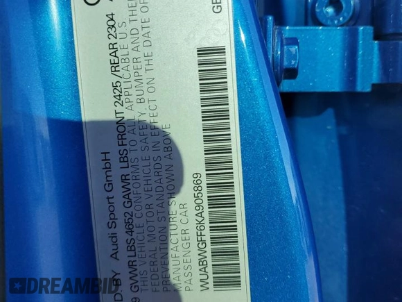 2019 Audi RS 3 с VIN WUABWGFF6KA905869, выставлен на аукционе Copart как лот 47229205 с пробегом 53 920 миль миль и На запчасти • Non repairable. История ставок и продаж доступна на DreamBid. Изображение 12.