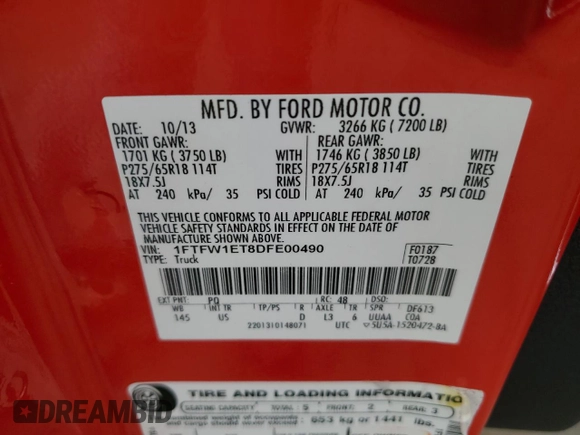 2013 Ford F-150 XL с VIN 1FTFW1ET8DFE00490, выставлен на аукционе Copart как лот 63488045 с пробегом 278 822 миль миль и Чистый • Clean title. История ставок и продаж доступна на DreamBid. Изображение 12.