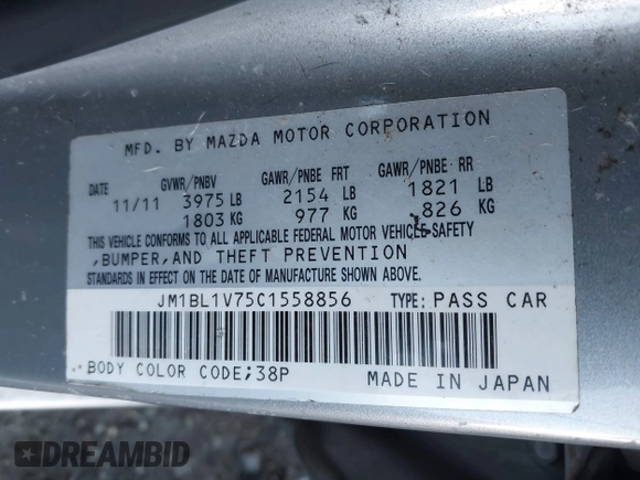 2012 Mazda 3 i Touring with VIN JM1BL1V75C1558856, listed as a IAAI auction lot 41224713 with 159,782 mi miles and . Bid and sale history available at DreamBid. Image 9.