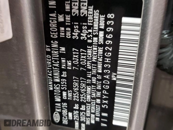 2017 Kia Sorento LX with VIN 5XYPGDA33HG296938, listed as a Copart auction lot 47851125 with 119,784 mi miles and Salvage Title. Bid and sale history available at DreamBid. Image 13.