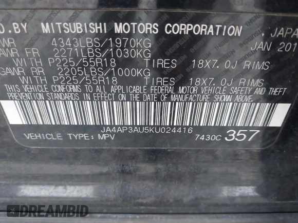 2019 Mitsubishi Outlander Sport ES 2.0 with VIN JA4AP3AU5KU024416, listed as a IAAI auction lot 41043336 with 109,992 mi miles. Bid and sale history available at carsss.com. Image 9.