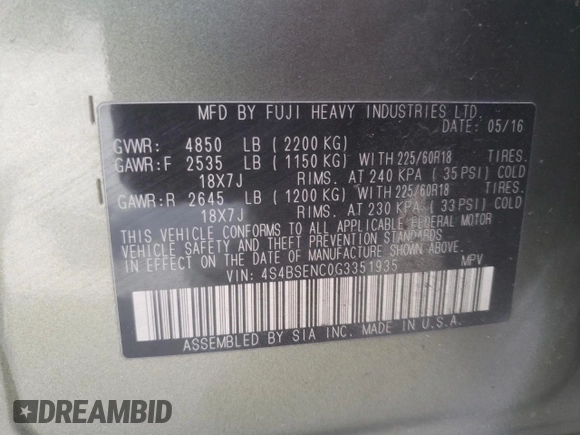 2016 Subaru Outback Limited with VIN 4S4BSENC0G3351935, listed as a Copart auction lot 63850905 with 146,707 mi miles and Salvage title. Bid and sale history available at DreamBid. Image 13.