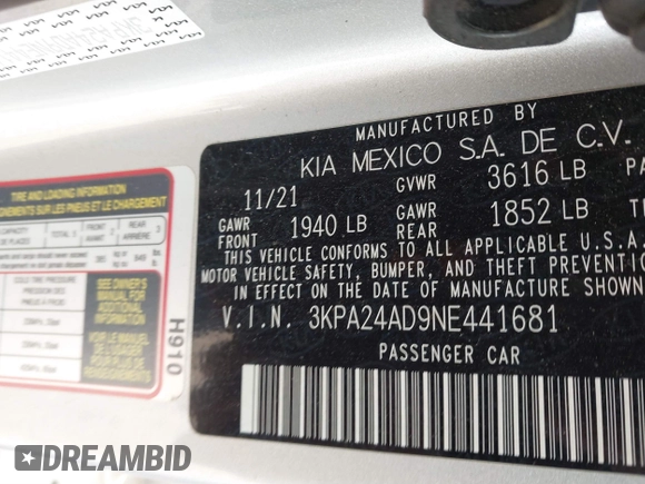 2022 Kia Rio S with VIN 3KPA24AD9NE441681, listed as a IAAI auction lot 41791506 with 35,913 mi miles and . Bid and sale history available at DreamBid. Image 9.