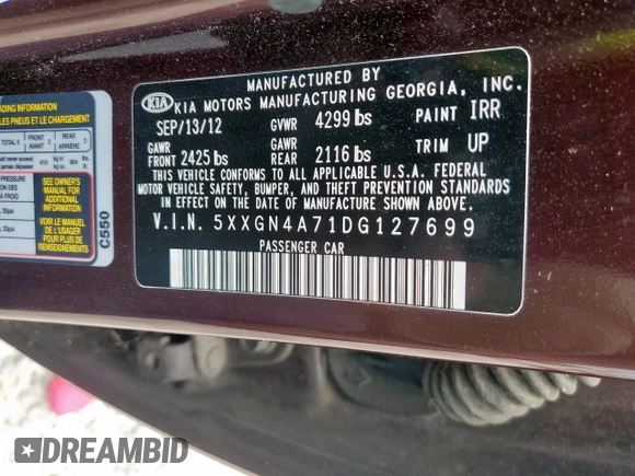 2013 Kia Optima EX with VIN 5XXGN4A71DG127699, listed as a Copart auction lot 59742405 with Not provided miles and Clean title. Bid and sale history available at DreamBid. Image 13.