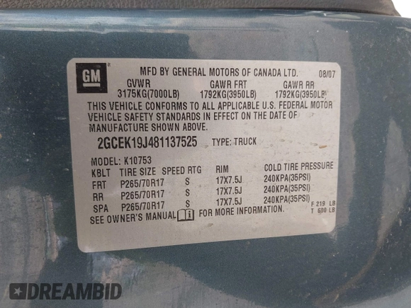 2008 Chevrolet Silverado 1500 1LT with VIN 2GCEK19J481137525, listed as a IAAI auction lot 42054992 with 159,890 mi miles and . Bid and sale history available at DreamBid. Image 9.
