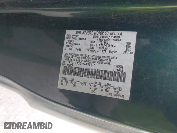 2000 Ford F-150 XL with VIN 1FTZF1722YNA35916, listed as a IAAI auction lot 41869333 with 143,105 mi miles and . Bid and sale history available at DreamBid. Image 9.