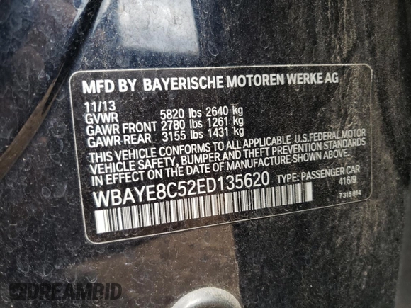 2014 BMW 7 Series ALPINA B7 with VIN WBAYE8C52ED135620, listed as a Copart auction lot 58221745 with 138,418 mi miles and Salvage title. Bid and sale history available at DreamBid. Image 12.