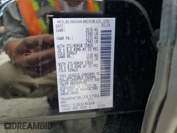 2024 Nissan Pathfinder S with VIN 5N1DR3AC5RC283701, listed as a Copart auction lot 50776655 with 1,504 mi miles and Salvage title. Bid and sale history available at DreamBid. Image 13.