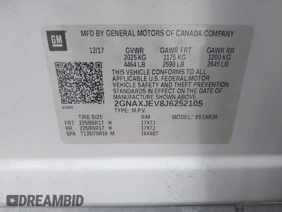2018 Chevrolet Equinox LT with VIN 2GNAXJEV8J6252105, listed as a IAAI auction lot 41814264 with 104,167 mi miles. Bid and sale history available at carsss.com. Image 9.