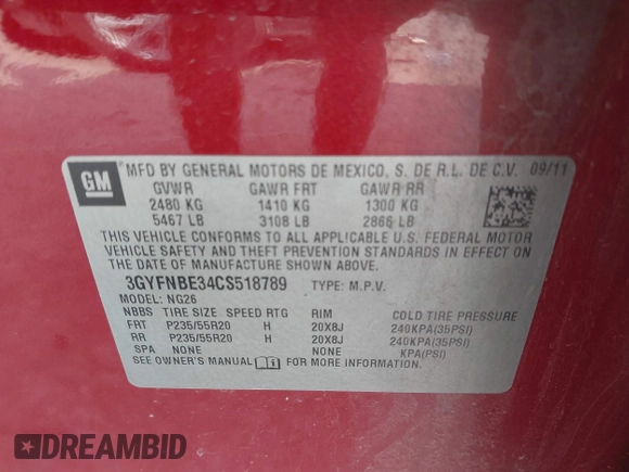 2012 Cadillac SRX Performance Collection with VIN 3GYFNBE34CS518789, listed as a IAAI auction lot 42268665 with 166,276 mi miles and . Bid and sale history available at DreamBid. Image 9.