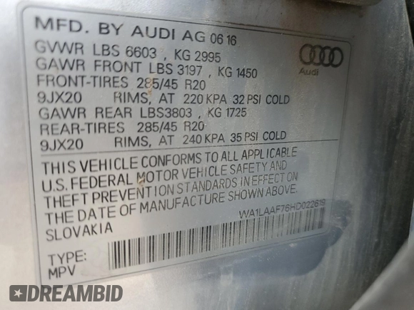 2017 Audi Q7 Premium Plus with VIN WA1LAAF76HD022619, listed as a Copart auction lot 62108625 with 145,475 mi miles and Clean title. Bid and sale history available at DreamBid. Image 13.