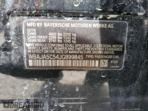 2018 BMW 5 Series 530i with VIN WBAJA5C54JG899845, listed as a Copart auction lot 48994145 with 57,379 mi miles and Salvage Title. Bid and sale history available at DreamBid. Image 12.