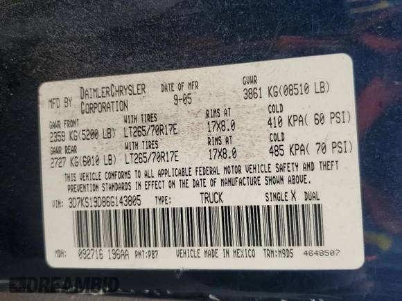 2006 Dodge 1500 SLT with VIN 3D7KS19D86G143805, listed as a Copart auction lot 87278274 with 205,335 mi miles and Salvage Title. Bid and sale history available at carsss.com. Image 14.