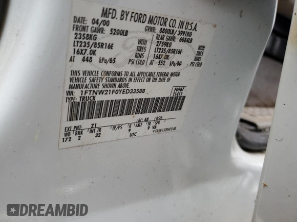 2000 Ford F-250 XL with VIN 1FTNW21F0YED33588, listed as a Copart auction lot 52149285 with 193,846 mi miles and Non repairable. Bid and sale history available at DreamBid. Image 12.