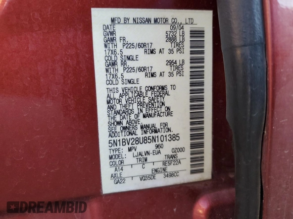 2005 Nissan Quest SE with VIN 5N1BV28U85N101385, listed as a Copart auction lot 88498525 with 0 mi miles and Salvage Title. Bid and sale history available at carsss.com. Image 13.