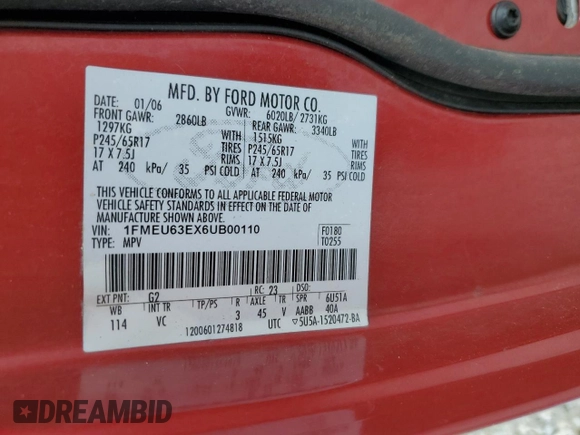 2006 Ford Explorer XLT с VIN 1FMEU63EX6UB00110, выставлен на аукционе Copart как лот 54913235 с пробегом 129 993 миль миль и Списание • Salvage title. История ставок и продаж доступна на DreamBid. Изображение 13.