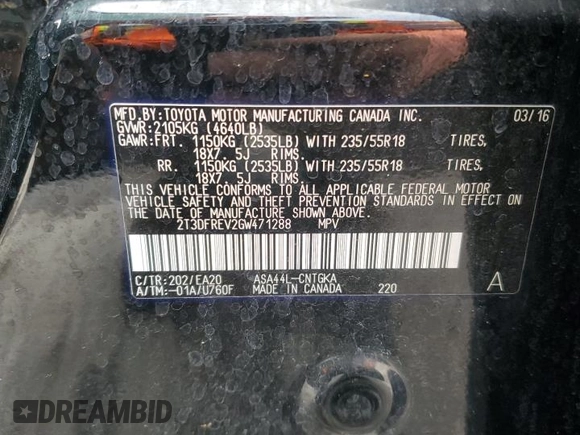 2016 Toyota RAV4 Limited with VIN 2T3DFREV2GW471288, listed as a Copart auction lot 59413885 with 50,023 mi miles and Salvage title. Bid and sale history available at DreamBid. Image 13.