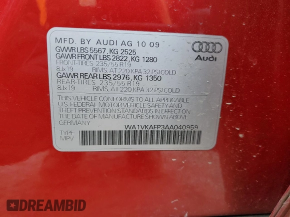 2010 Audi Q5 Prestige with VIN WA1VKAFP3AA040959, listed as a Copart auction lot 45884345 with 175,559 mi miles and Salvage title. Bid and sale history available at DreamBid. Image 14.