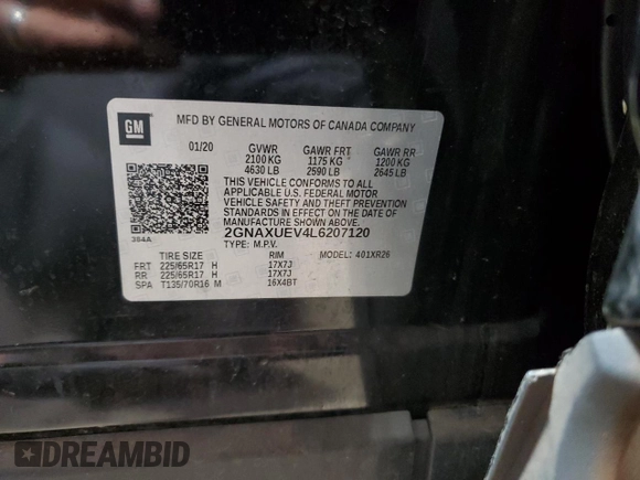 2020 Chevrolet Equinox LT with VIN 2GNAXUEV4L6207120, listed as a Copart auction lot 53399465 with 80,243 mi miles and Clean Title. Bid and sale history available at DreamBid. Image 13.