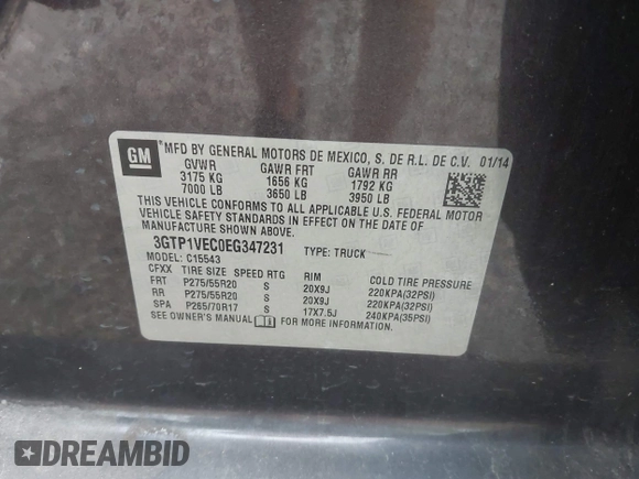 2014 GMC Sierra 1500 SLT with VIN 3GTP1VEC0EG347231, listed as a IAAI auction lot 41909030 with 144,769 mi miles and . Bid and sale history available at DreamBid. Image 9.