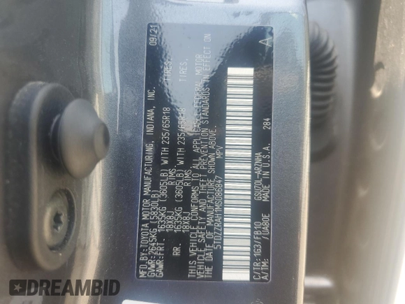 2021 Toyota Highlander L with VIN 5TDZZRAH1MS086847, listed as a Copart auction lot 54145345 with 43,425 mi miles and Salvage title. Bid and sale history available at DreamBid. Image 14.