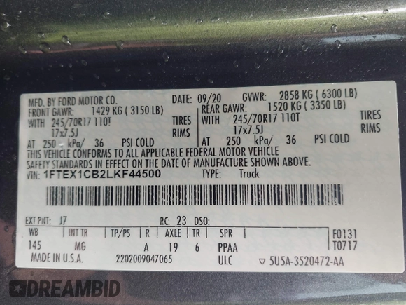 2020 Ford F-150 XL with VIN 1FTEX1CB2LKF44500, listed as a IAAI auction lot 42514020 with 92,224 mi miles and . Bid and sale history available at DreamBid. Image 9.