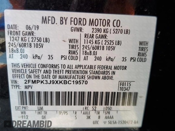 2019 Ford Edge SEL z VIN 2FMPK3J9XKBC19570, wystawiony jako Copart lot #55272125 z przebiegiem 69 602 mil mil oraz Szkoda całkowita • Salvage title. Historia ofert i sprzedaży dostępna na DreamBid. Obrazek 13.
