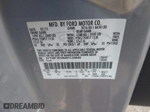 2011 Ford F-150 XL with VIN 1FTMF1EM6BFC33849, listed as a IAAI auction lot 42532968 with 121,018 mi miles and . Bid and sale history available at DreamBid. Image 9.