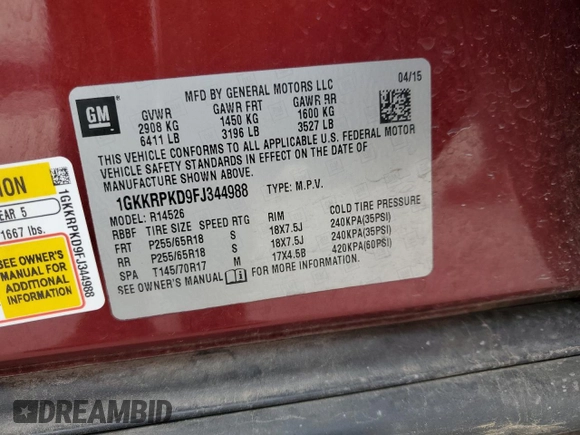 2015 GMC Acadia SLE with VIN 1GKKRPKD9FJ344988, listed as a Copart auction lot 53695865 with 186,549 mi miles and Clean Title. Bid and sale history available at carsss.com. Image 13.