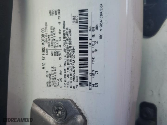 2018 Ford Transit Connect Van XLT with VIN NM0LS7F71J1374694, listed as a Copart auction lot 45460615 with 74,483 mi miles and Salvage Title. Bid and sale history available at carsss.com. Image 13.