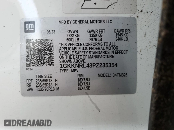 2023 GMC Acadia SLE with VIN 1GKKNRL43PZ235354, listed as a Copart auction lot 53048085 with 30,545 mi miles and Salvage title. Bid and sale history available at DreamBid. Image 15.