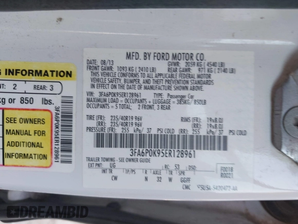 2014 Ford Fusion Titanium with VIN 3FA6P0K95ER128961, listed as a IAAI auction lot 42750668 with 197,188 mi miles and . Bid and sale history available at DreamBid. Image 9.